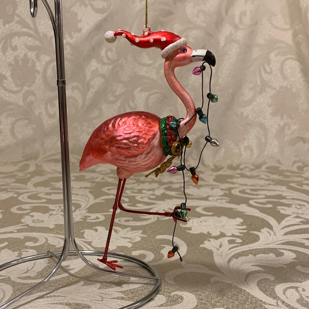 Festive Flamingo Ornament with Santa Hat - Picture 2 of 8